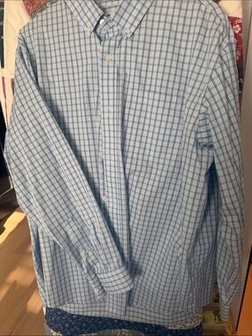 Duluth Trading Co Blue Windowpane Plaid Dress Shirt